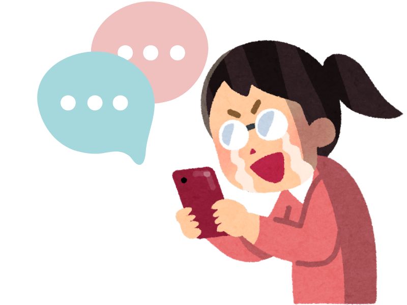 スマホでチャットして泣く女性
